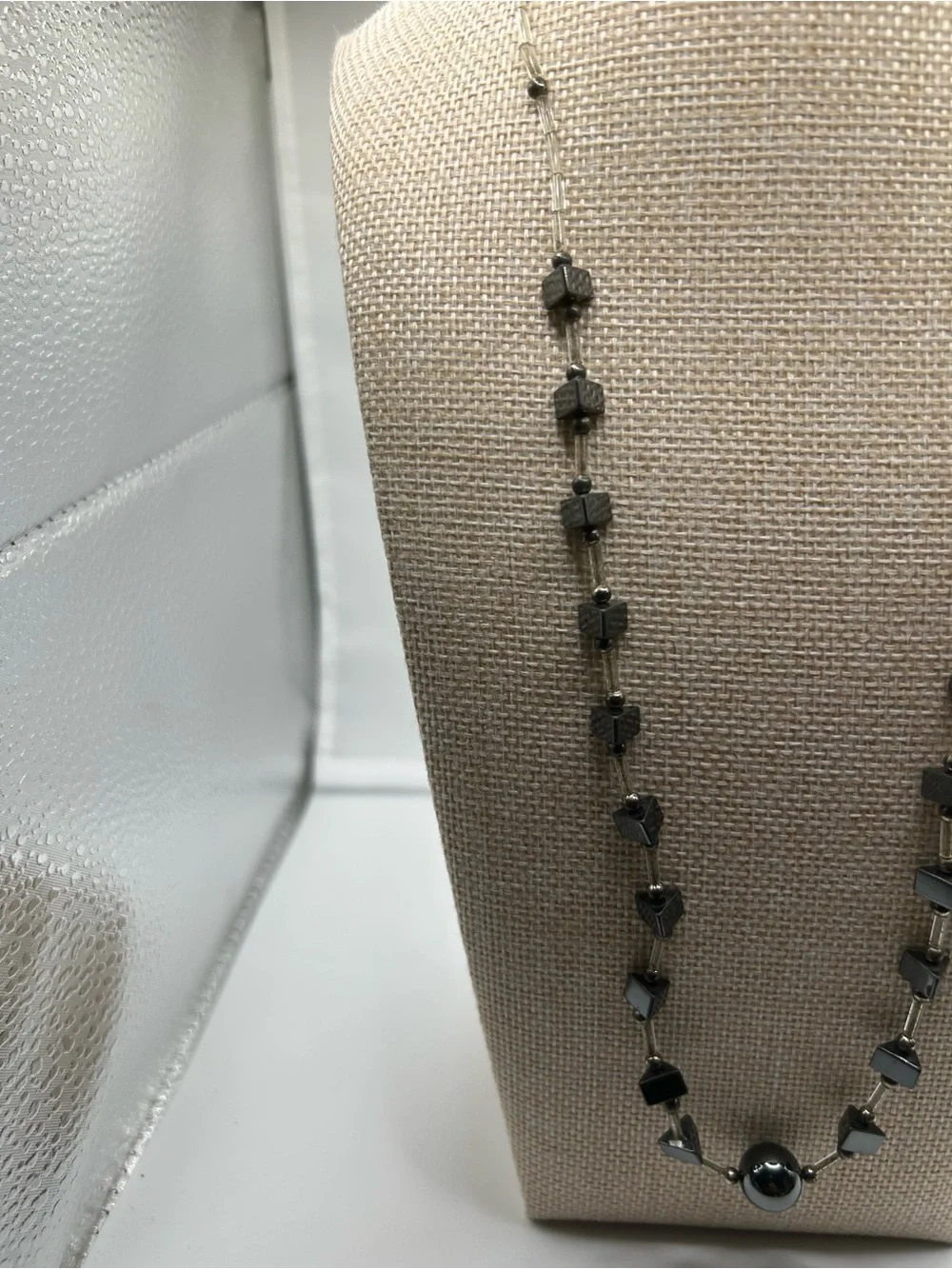 Metallic necklace  gunmetal hematite tone floating clear beads modern Y2k boho